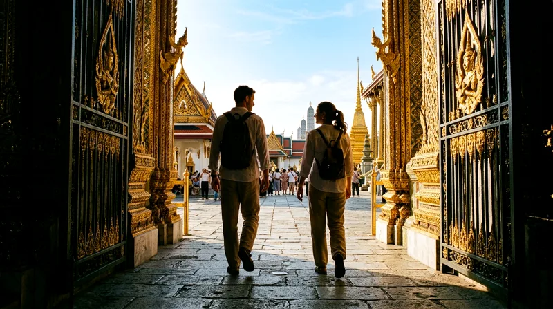 Visitors in proper dress entering Grand Palace ornate gates