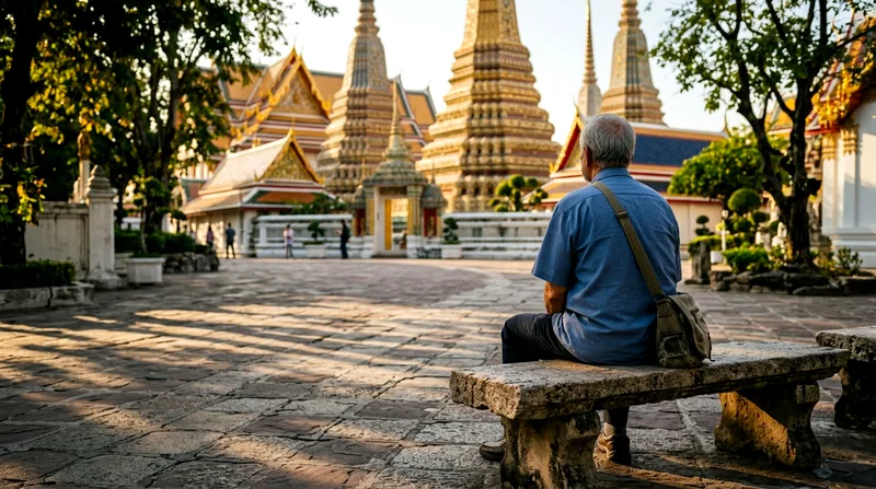Elderly visitor resting on stone bench in Wat Pho courtyard