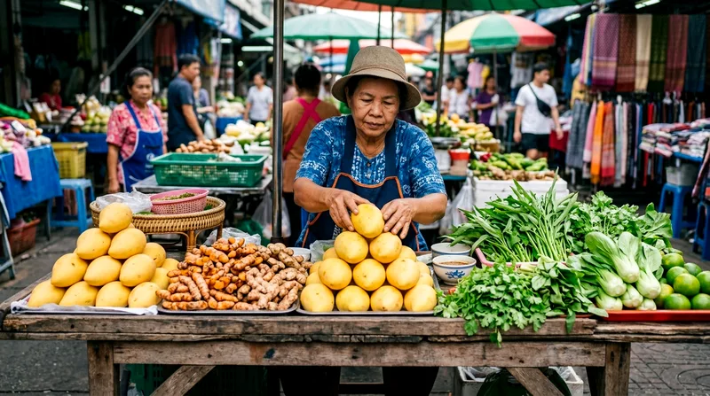 Vendor arranging colorful vegetables and fruits in pyramid piles
