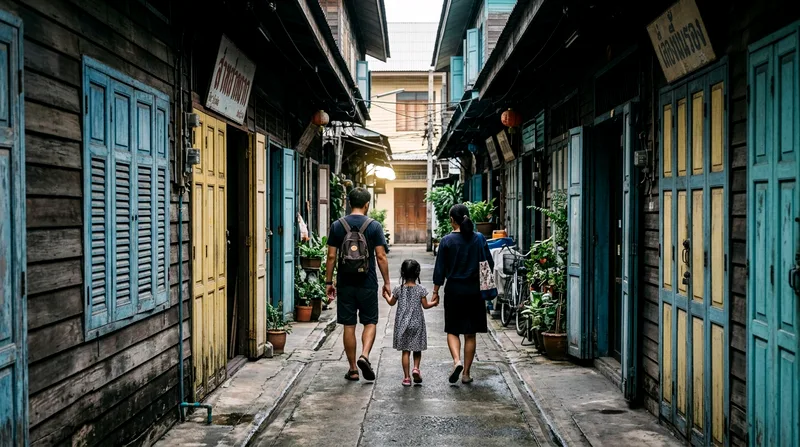Family walking through narrow soi with colorful wooden shutters