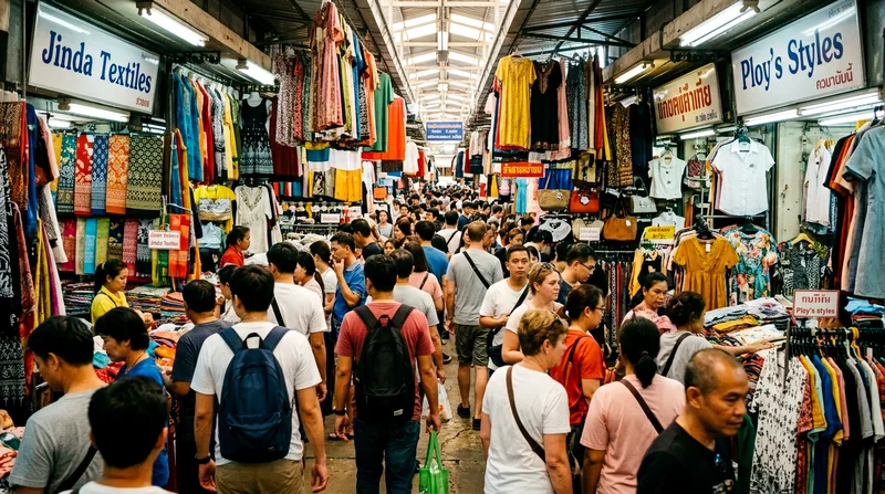 Crowded Chatuchak Market aisle with vendor stalls and shoppers