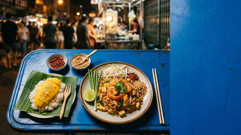 Pad thai and mango sticky rice on a blue table at a Chinatown stall.