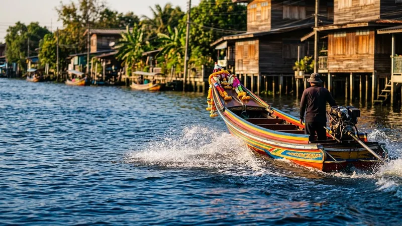 Long-tail boat with flower garlands speeding along a Thonburi canal.