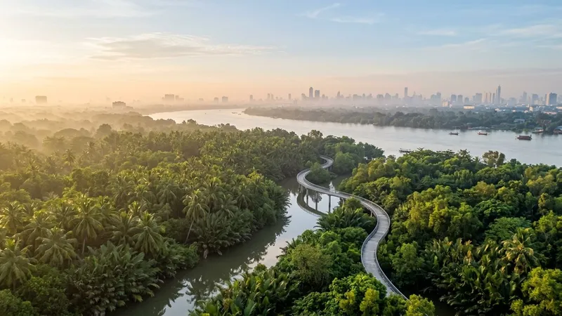 Lush palm groves and canals of Bang Krachao with distant Bangkok skyline at sunrise.