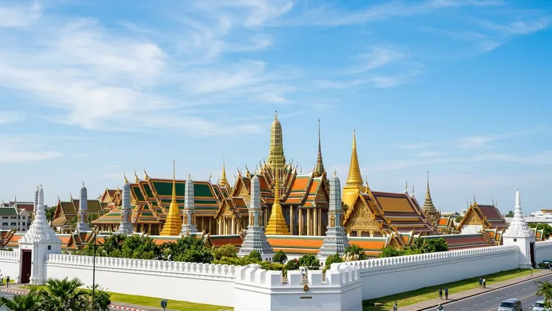 Golden spires and tiered roofs of Bangkok's Grand Palace under clear blue sky.