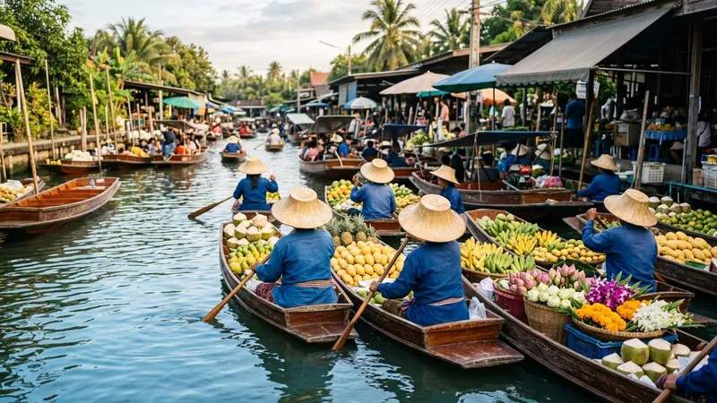 Wooden boats loaded with fruit and flowers on a canal floating market.