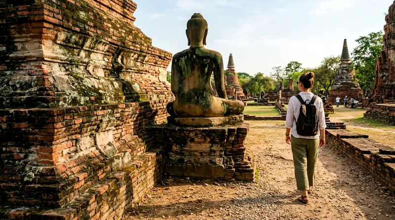Tourist walking past crumbling brick ruins and headless Buddha statue at Ayutthaya