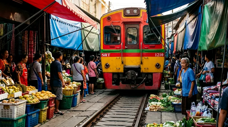 Train passing through Maeklong Railway Market's narrow vendor stalls at close range
