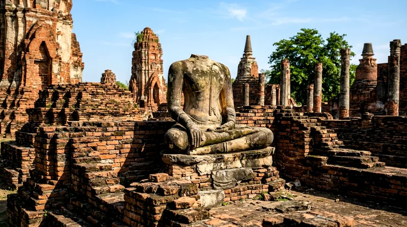 Crumbling brick temple ruins with weathered stone Buddha statue at Ayutthaya