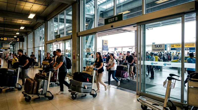Travelers with luggage passing through Suvarnabhumi Airport arrivals hall doors