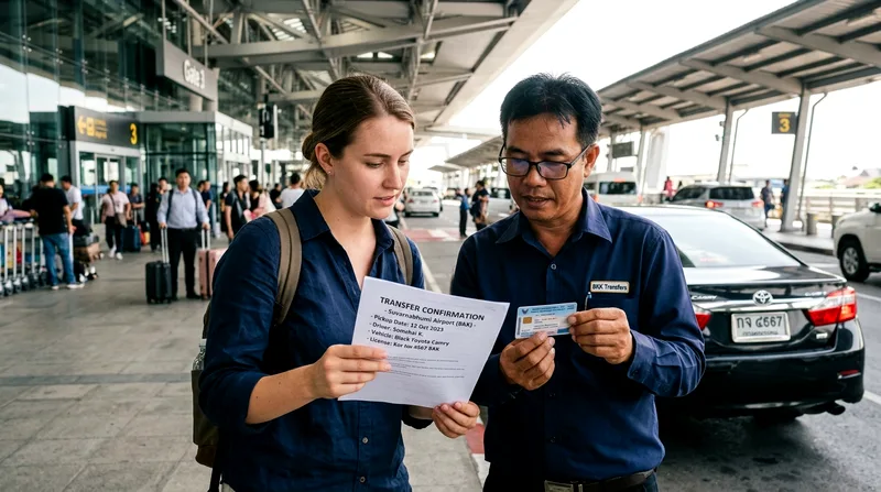Solo traveler matching driver's vehicle registration to printed transfer voucher