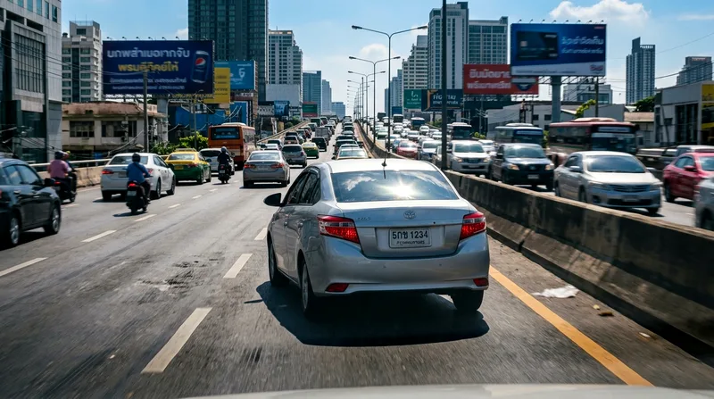 Private transfer sedan merging into Bangkok traffic on Sukhumvit Road