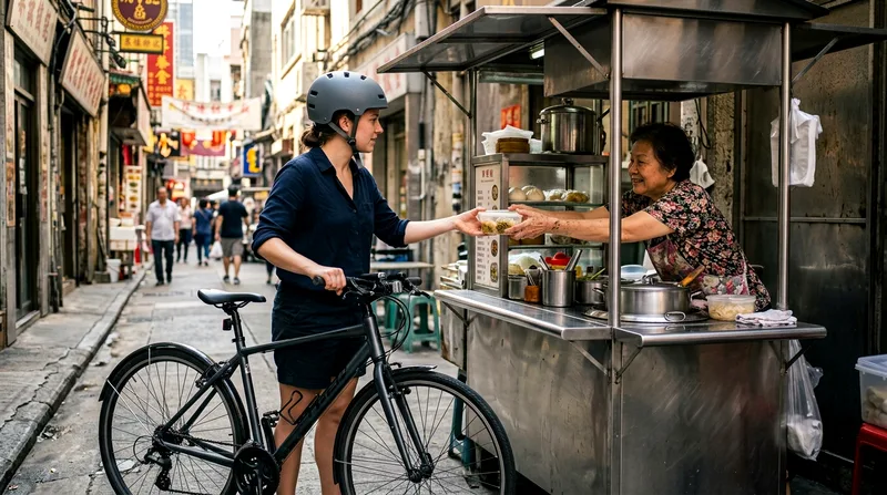 Cyclist stopping at street food cart in Chinatown, vendor handing food