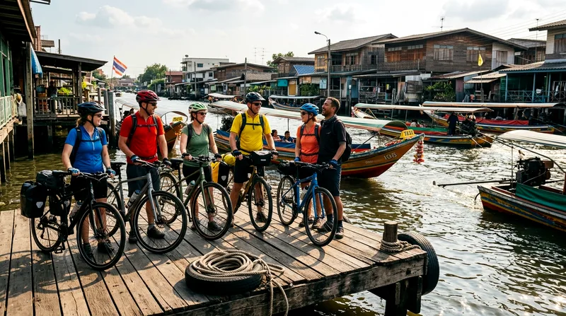 Cyclists and guide standing beside bikes at Thonburi khlong bank with docked boats