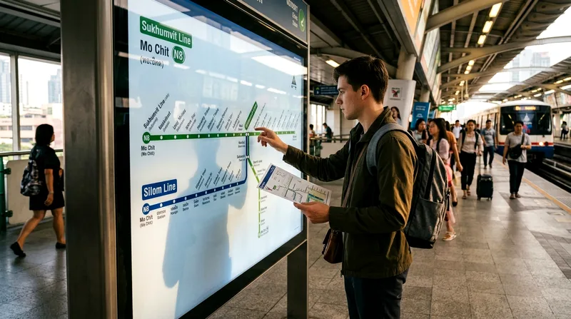 Tourist studying BTS route map printout inside Mo Chit station