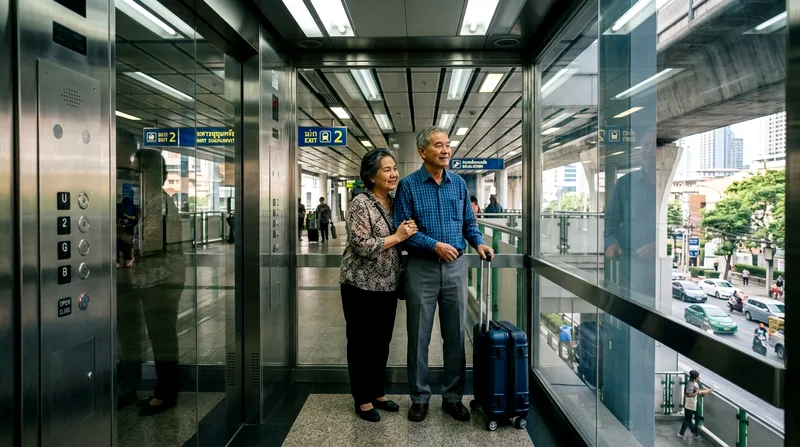 Elderly couple using elevator at MRT station with luggage