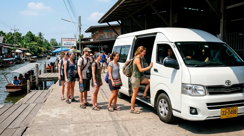 Tourists boarding shared minivan at Damnoen Saduak Floating Market