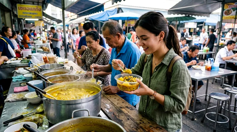 Backpacker eating curry from plastic bowl at street food stall