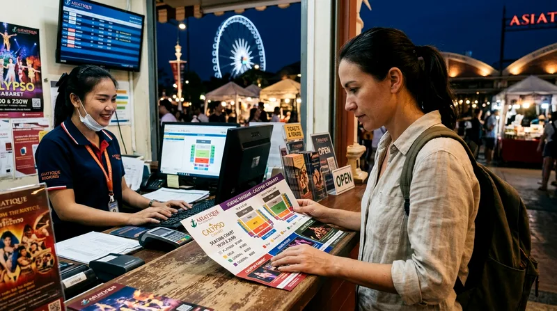 Visitor examining printed brochure and seating diagram at counter