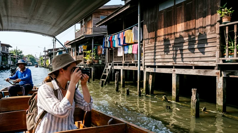 Tourist photographing wooden stilt houses from a moving longtail boat