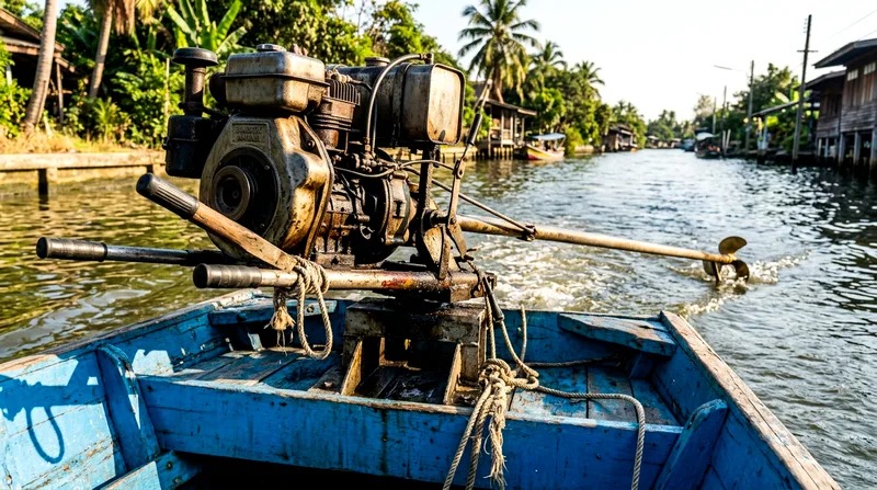 Close-up of longtail boat wooden hull, engine mount, and steering pole