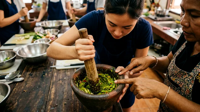 Student grinding green curry paste with mortar and pestle