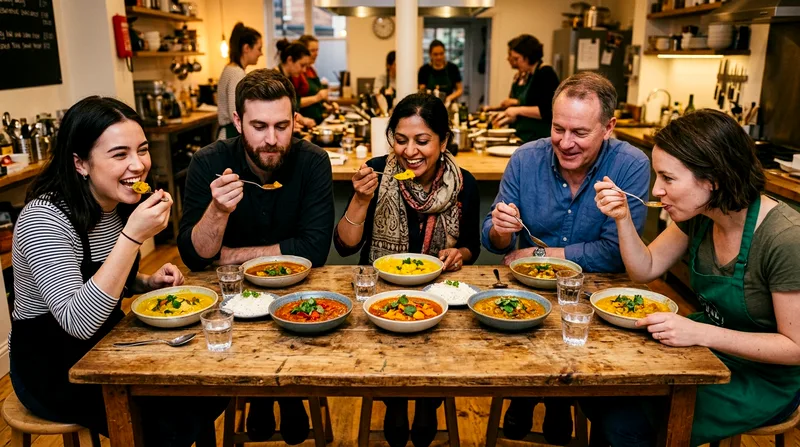 Class participants tasting their freshly cooked curry dish at table
