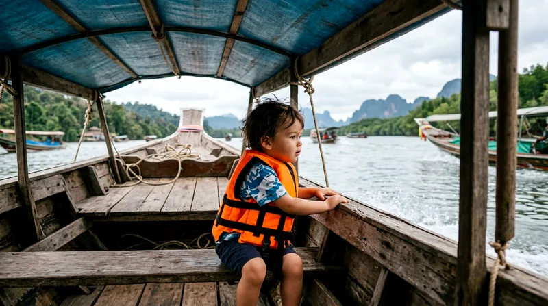Toddler in protective vest sitting in shaded longtail boat cabin on water