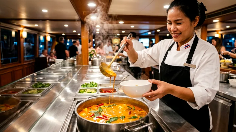 Server ladling Thai curry soup into bowls on dinner cruise buffet