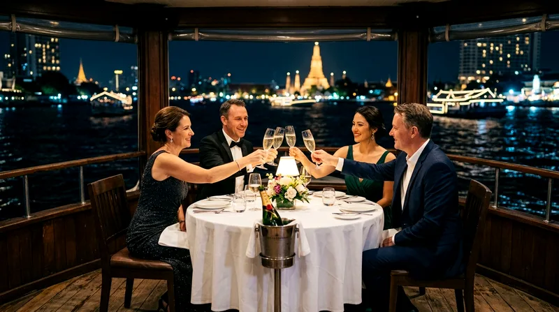 Four diners toasting with champagne glasses overlooking the lit river