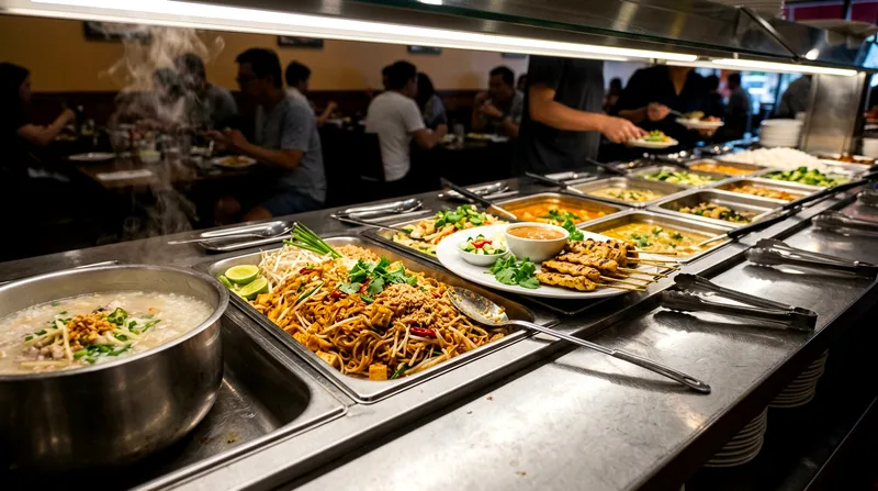 Buffet line displaying pad thai, satay skewers, and curry dishes