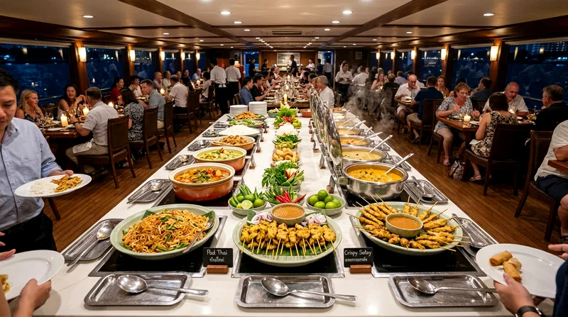 Thai buffet spread with many dishes on crowded dinner cruise with seated guests