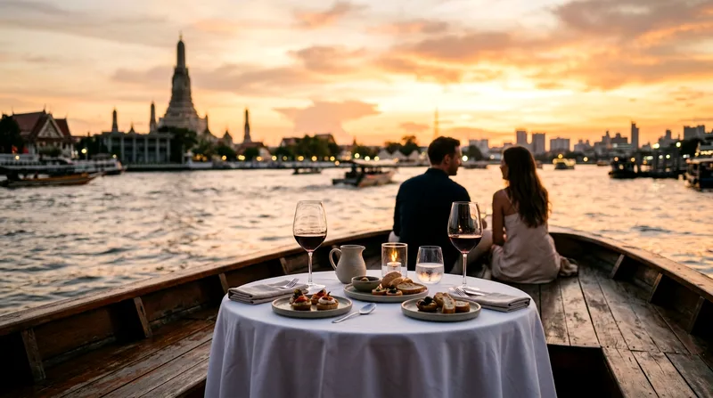 Intimate table for two with wine on small sunset cruise boat with river view