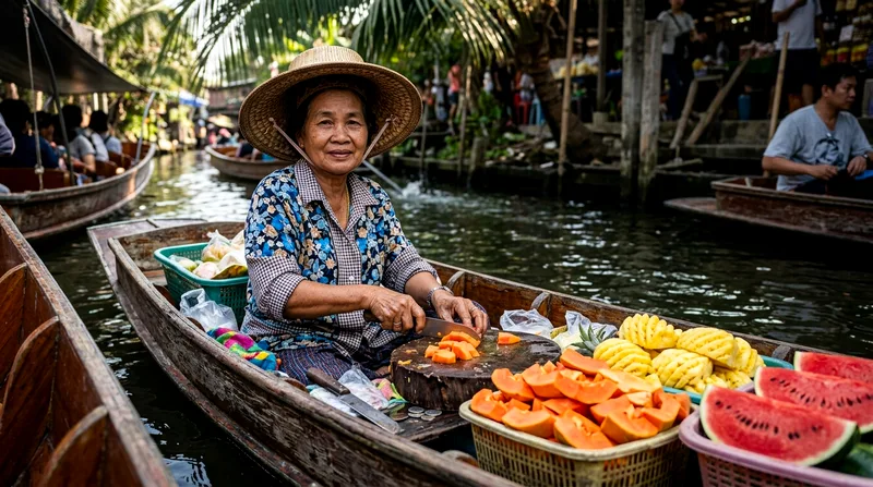 Vendor in wooden boat selling tropical fruits at Damnoen Saduak Floating Market