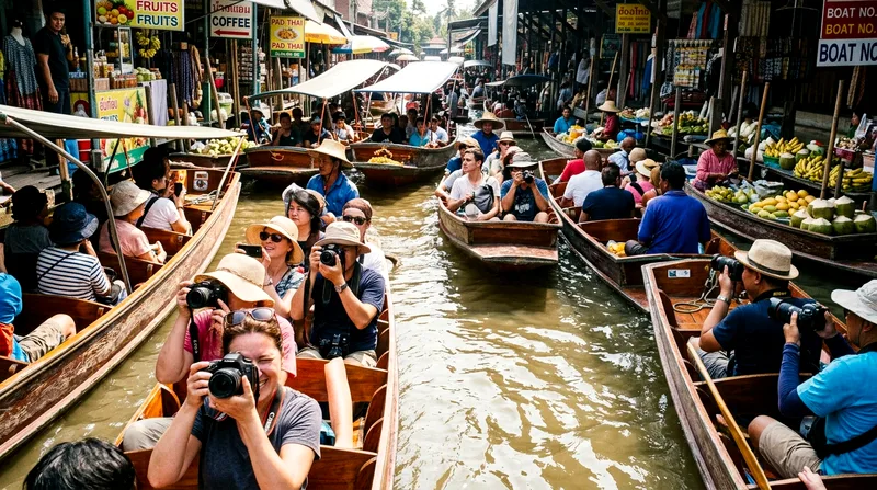 Multiple longtail boats crowded in Damnoen Saduak canal with tourists photographing