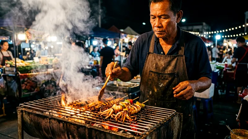 Vendor grilling seafood skewers over charcoal in Chinatown at night