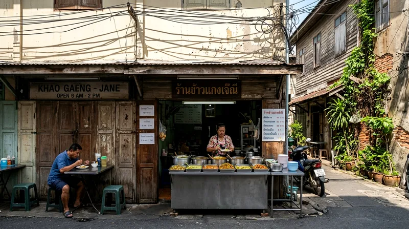 Small khao gaeng rice and curry stall on a quiet Rattanakosin soi