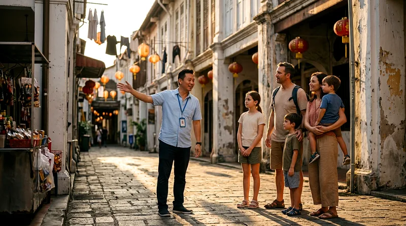 Tour guide leading a family through a narrow Chinatown soi at dusk