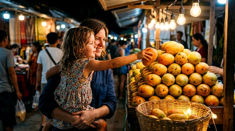 Child reaching toward mangoes at a night market produce stall