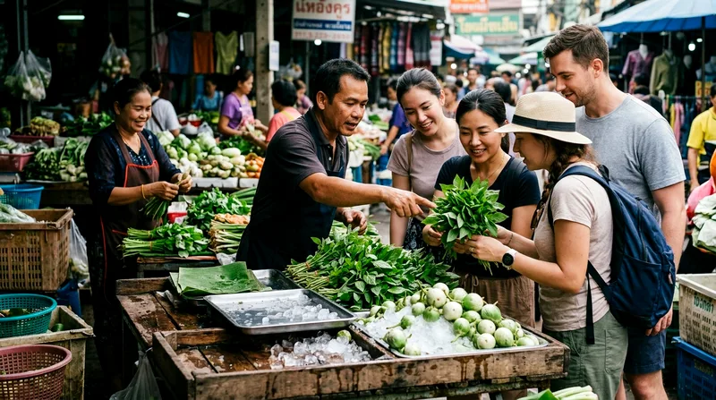 Cooking class group choosing fresh produce at Klong Toey wet market