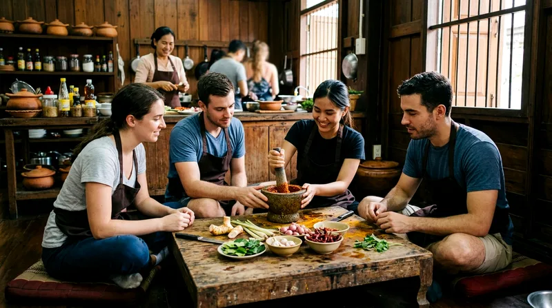 Travelers sitting at low table in Thai kitchen classroom with herbs