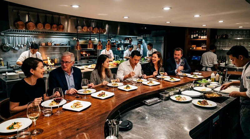 Six diners seated around tasting menu at Michelin-starred restaurant