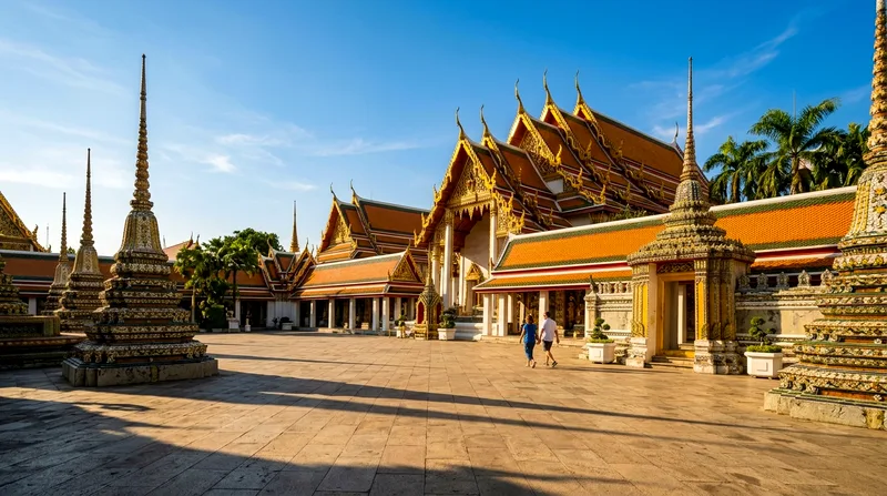 Wat Pho courtyard with scattered visitors in late afternoon light