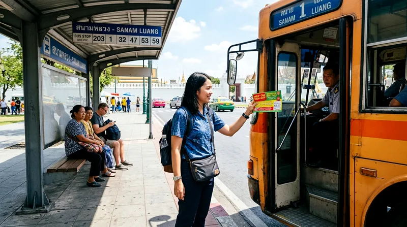 Tourist boarding hop-on hop-off bus holding 24-hour ticket
