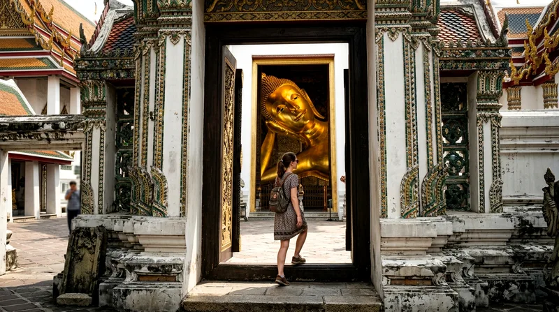 Visitor entering Wat Pho past giant golden reclining Buddha