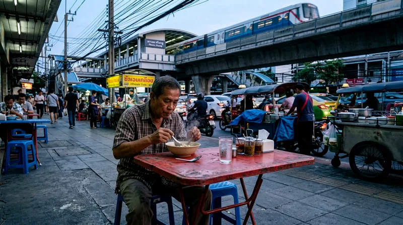 Traveler sitting at street-level table at Sukhumvit noodle restaurant