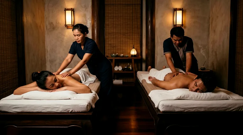 Couple receiving traditional Thai massage side by side in spa