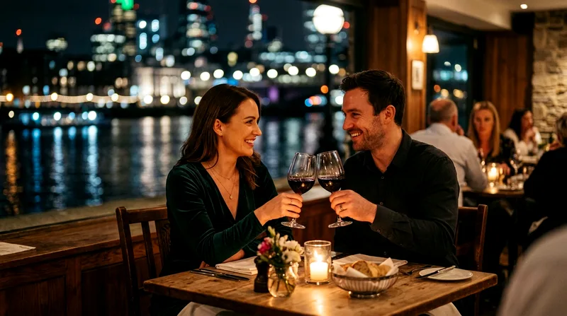 Couple raising wine glasses at candlelit riverside restaurant table