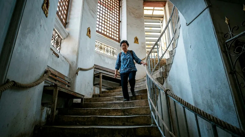 Senior climber ascending interior stairs at Golden Mount temple