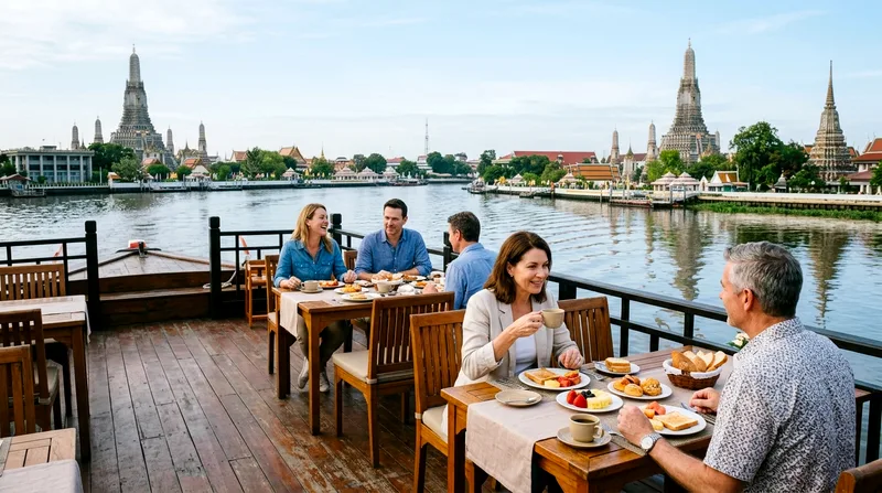 Passengers seated at outdoor tables on morning Chao Phraya River cruise